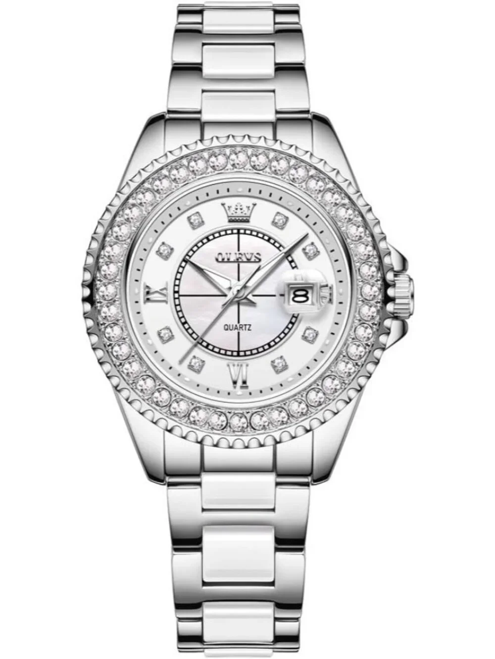 Women's White Luxury Stainless Steel Waterproof Date Ceramic Ladies Wrist Watch